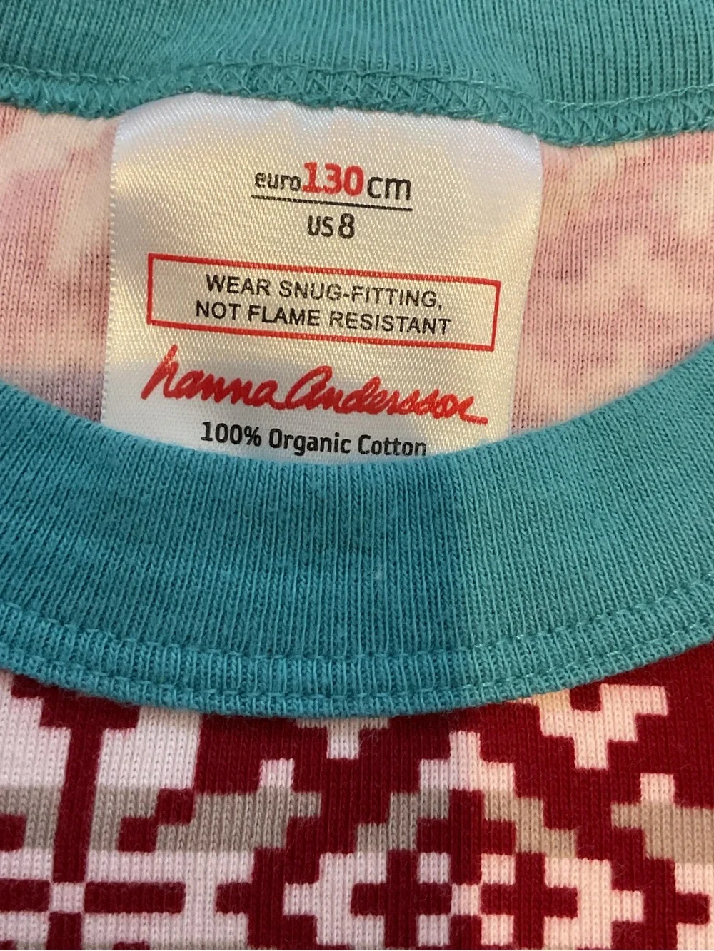 Hanna Andersson cotton long John Red Fair Isle Pajama Set with Teal Trim 8 130
